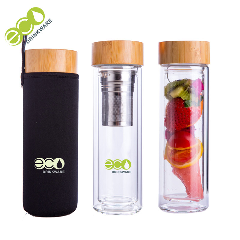 Small MOQ Unbreakable Double Wall Glass Water Tea Infuser Bottle with Bamboo Lid